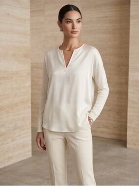 Calypso x Gosilk Blouse Washable Silk Knit Tunic - Mixed Media White Blouse XS